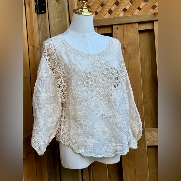 🆕 FARM Rio 🧿 NWOT Off White Crochet Long Sleeve Blouse - Picture 3 of 15